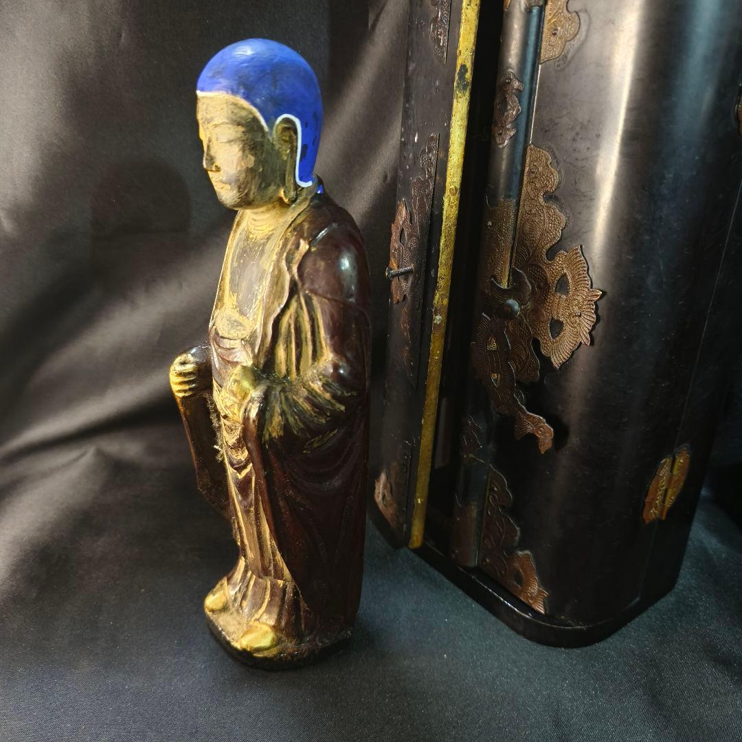 仏教古美術 漆金彩木彫り仏像 厨子付 骨董 アンティーク 蒐集家放出 旧家蔵出し