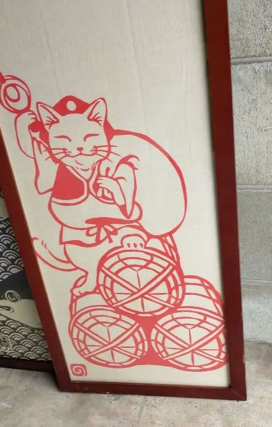 昭和レトロ　招き猫 猫と魚のデザインのアートパネル 3点セット