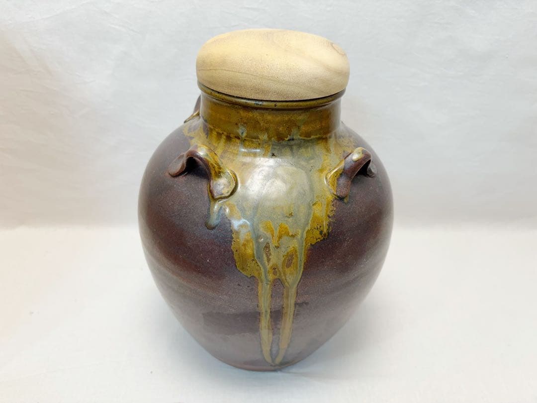 未使用 茶道具 信水窯 丹波焼 茶壺 飾壺 絹 飾網紐付 四つ耳壷 陶印陶印共箱