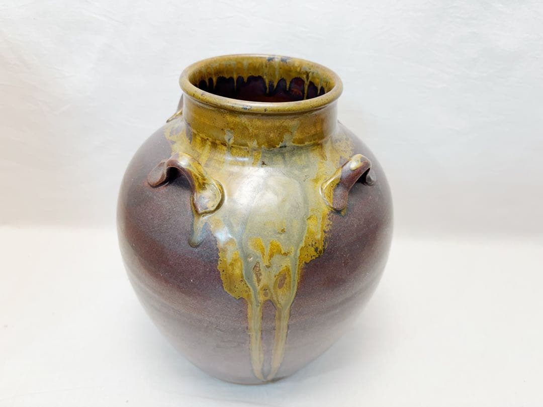 未使用 茶道具 信水窯 丹波焼 茶壺 飾壺 絹 飾網紐付 四つ耳壷 陶印陶印共箱