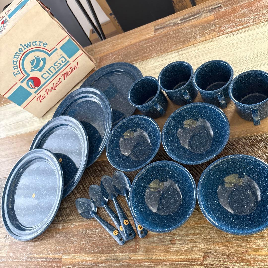 【未使用】CINSA エナメルウェア キャンプ食器セット 16点