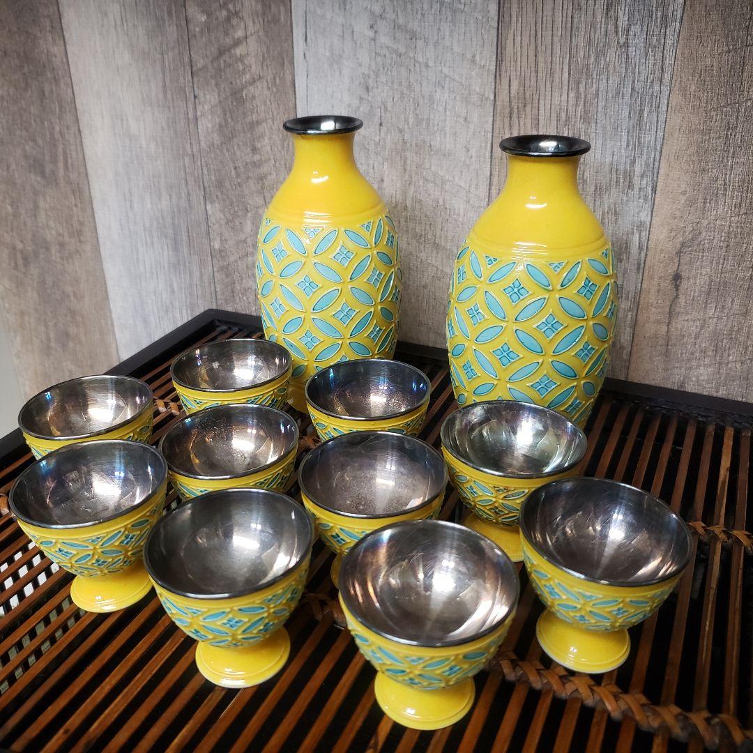 【12点セット】永楽焼/黄交趾/酒器揃/徳利一対/酒盃十客/内銀張/骨董◎