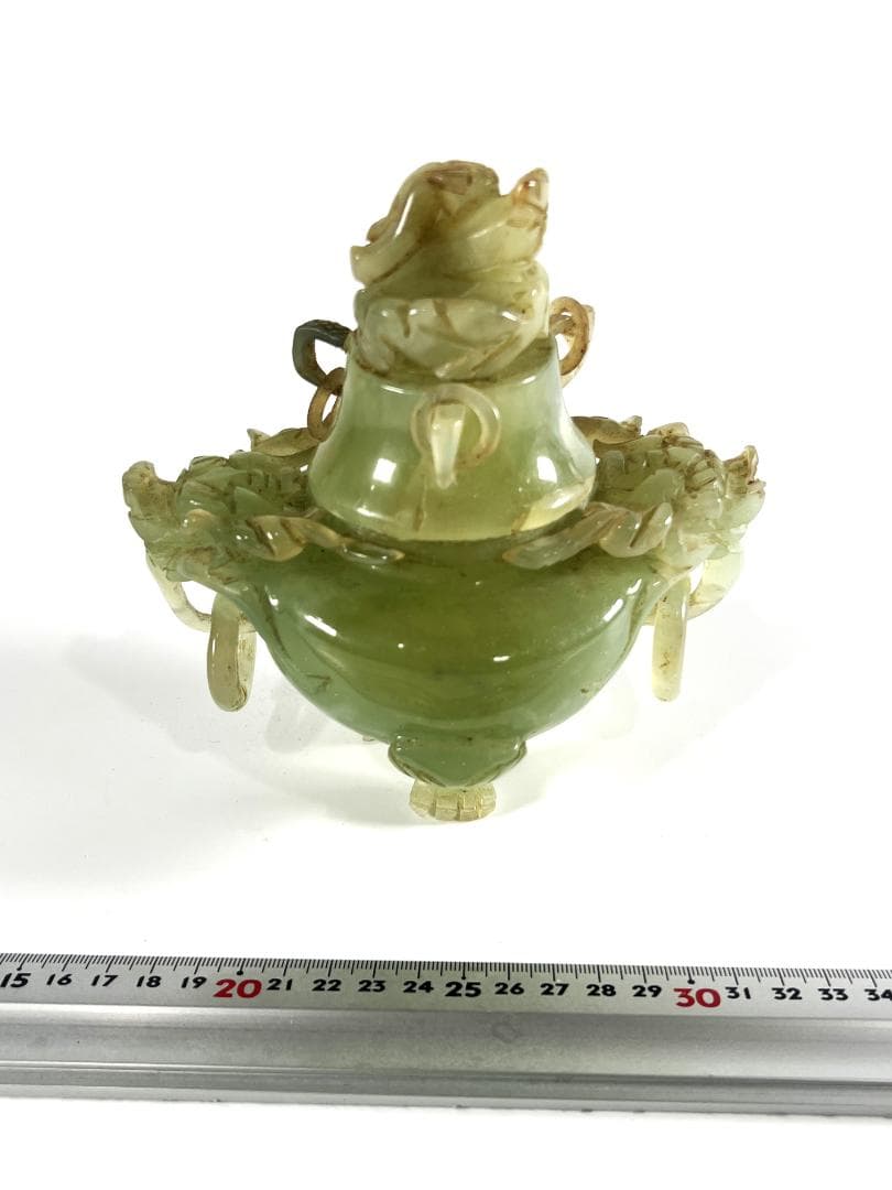 【送料無料・蔵出し】玉石　瑞獣双耳遊環香炉　置物　インテリア　骨董