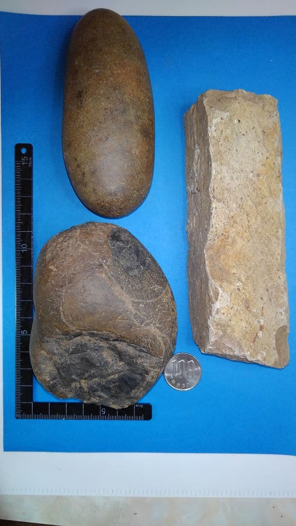 磨石(すりいし)セット　(出土品)　磨石(すりいし)2、礫器(れっき)？