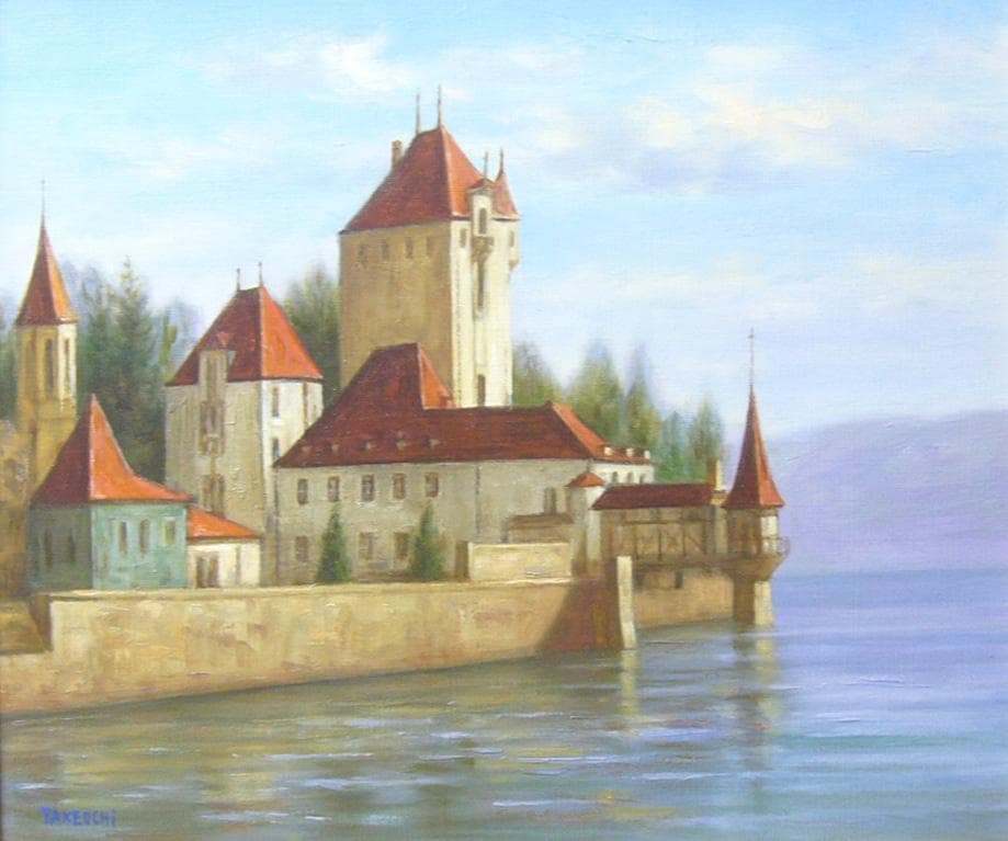 竹内敏彦 絵画 油絵 肉筆油絵 風景画 湖畔 古城 F10