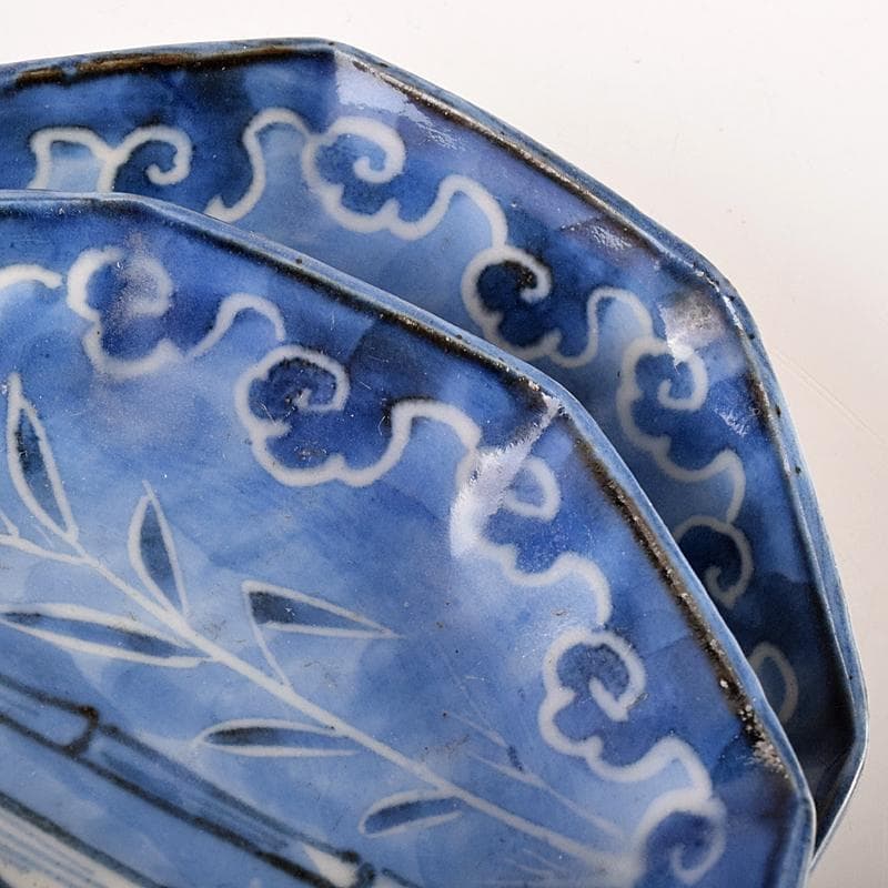 伊万里焼　古伊万里　染付　竹文　八角小皿　七客　時代箱付　C　R7593