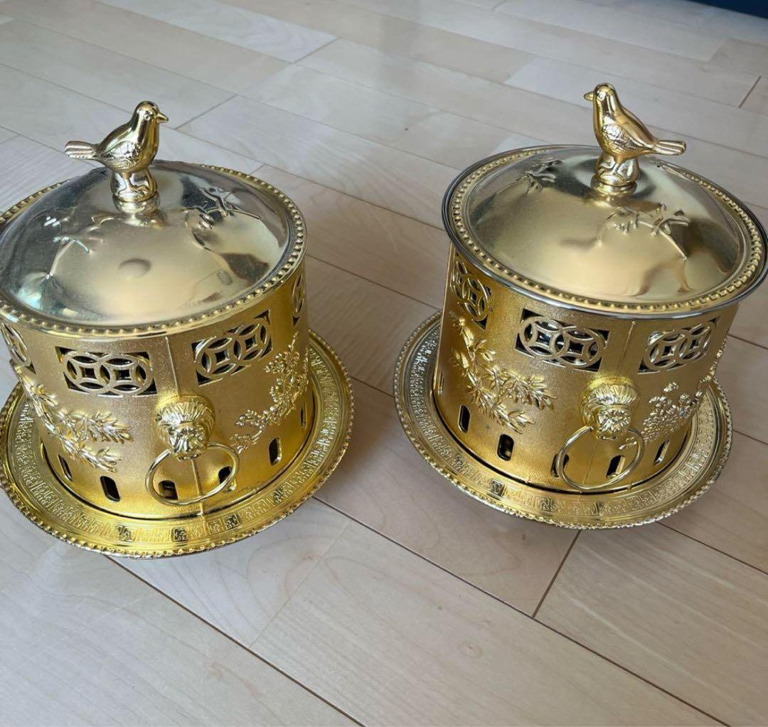 【売り切りたい為！】 金色 アルコールストーブ 鳥の取っ手付き、一人鍋２つ