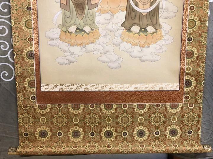 掛軸 無銘『阿弥陀三尊』佛画 仏画 豪華金襴表装 絹本 美品 箱付 掛け軸