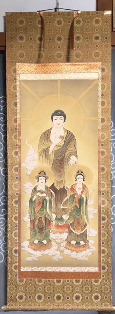 掛軸 無銘『阿弥陀三尊』佛画 仏画 豪華金襴表装 絹本 美品 箱付 掛け軸