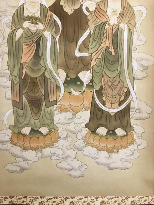 掛軸 無銘『阿弥陀三尊』佛画 仏画 豪華金襴表装 絹本 美品 箱付 掛け軸