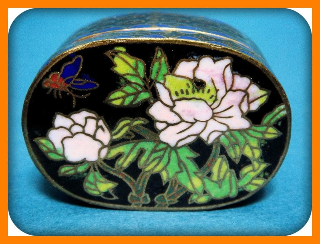 785『七宝 花蝶 香合』黒　/骨董品 古美術 アンティーク 古玩