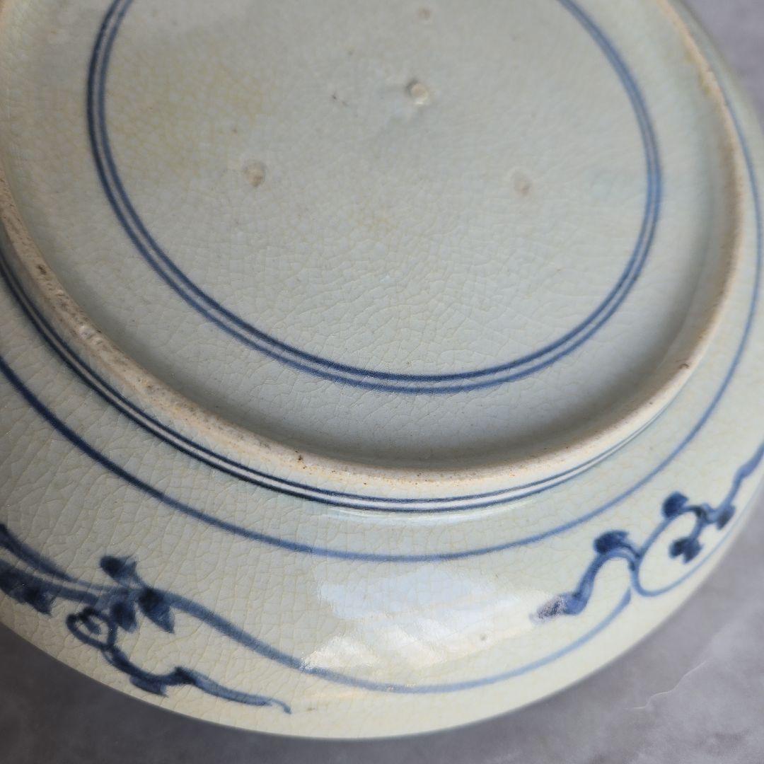 古伊万里　染付　七寸皿　江戸時代　蛸唐草　コンニャク印判　龍　骨董　金継ぎ
