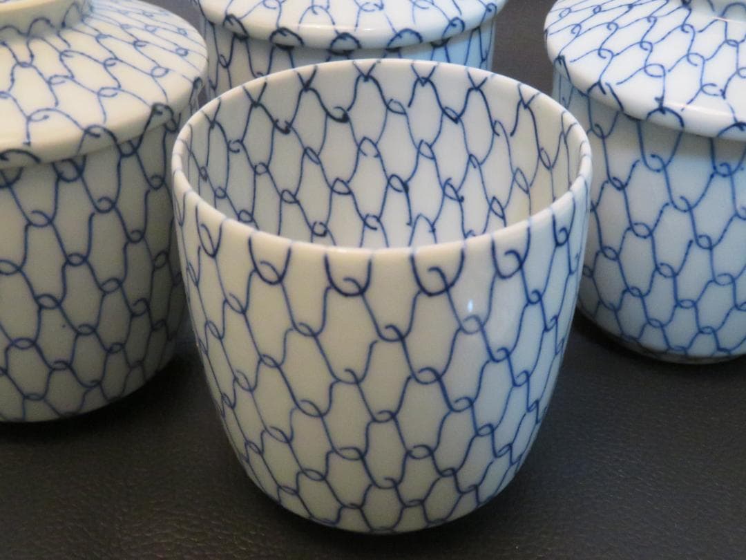 ◆401◆青網蓋付湯呑 芳山 網目　4客 和骨董 japanese craft