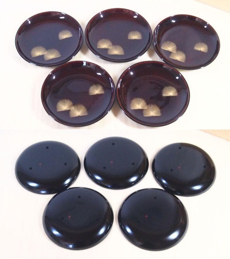 【未使用】輪島塗 東恒博 溜塗 寿松沈金 おもてなし揃5客 卓上膳/銘々皿/茶托