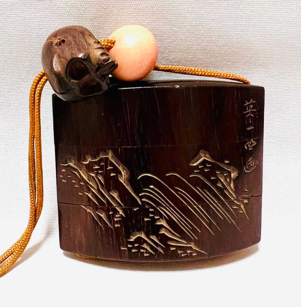 英一蝶画 如泉刻 唐獅子刻 印籠 木製