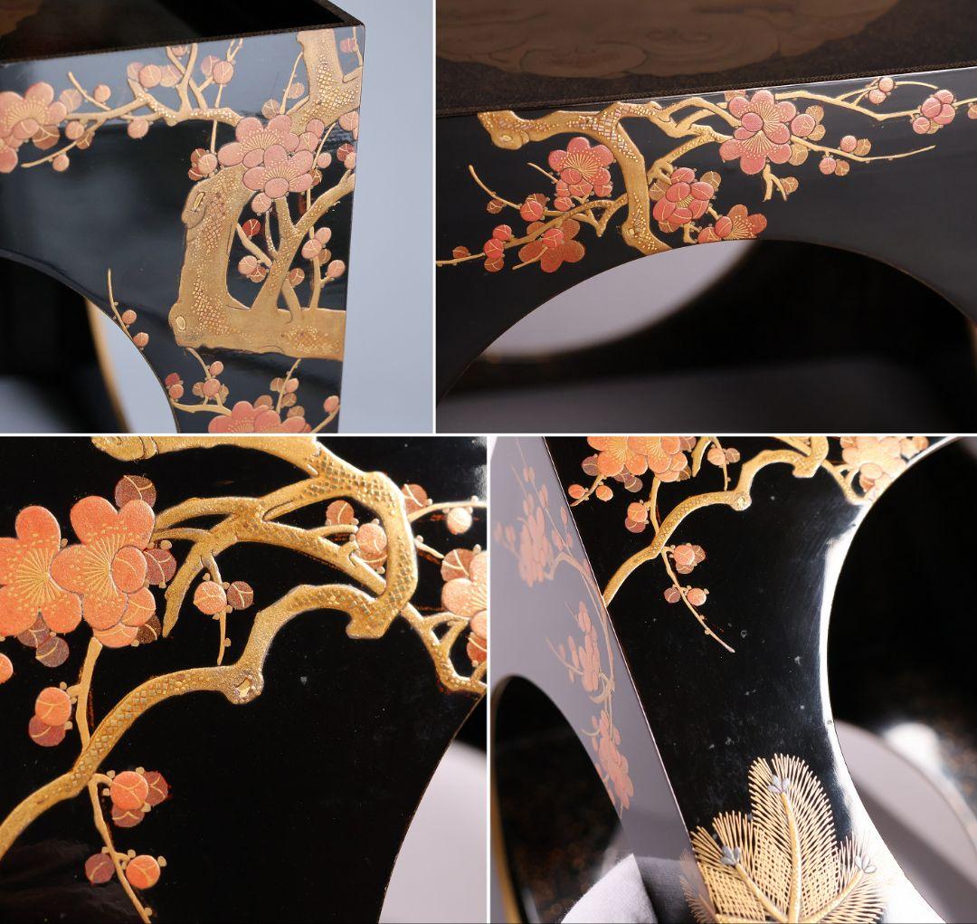 【MB183】加賀蒔絵 花鳥本金蒔絵 大盃 盃台 天然木漆塗 鶏 松竹梅 鶴霊芝