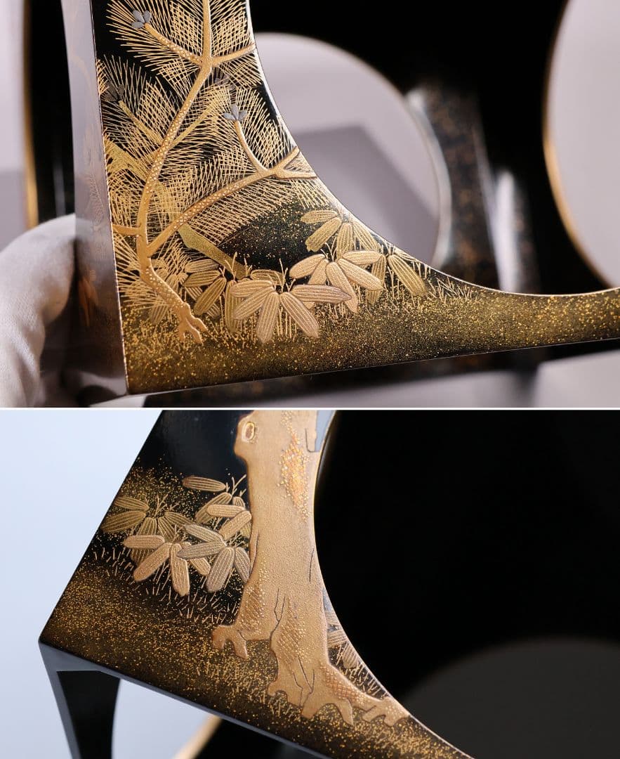 【MB183】加賀蒔絵 花鳥本金蒔絵 大盃 盃台 天然木漆塗 鶏 松竹梅 鶴霊芝