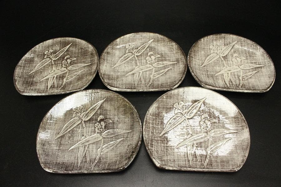 吉向焼 半月銘々皿 五枚 吉向陶荘 共箱(メ1533)