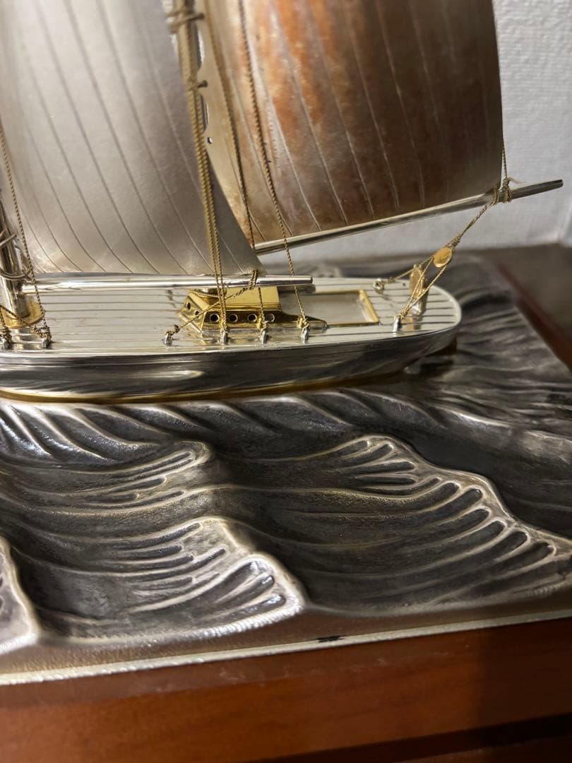 花*月様 純銀刻印　帆船置物　船長さ21cm 大きめ　ガラスケース付き　レトロ