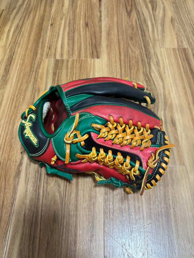 美品 久保田スラッガー 軟式オーダーグラブ 緑/赤/黒