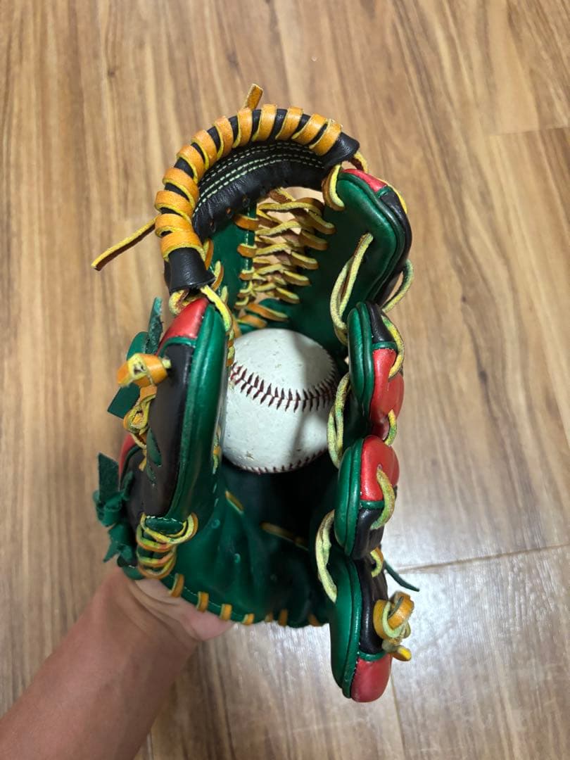 美品 久保田スラッガー 軟式オーダーグラブ 緑/赤/黒