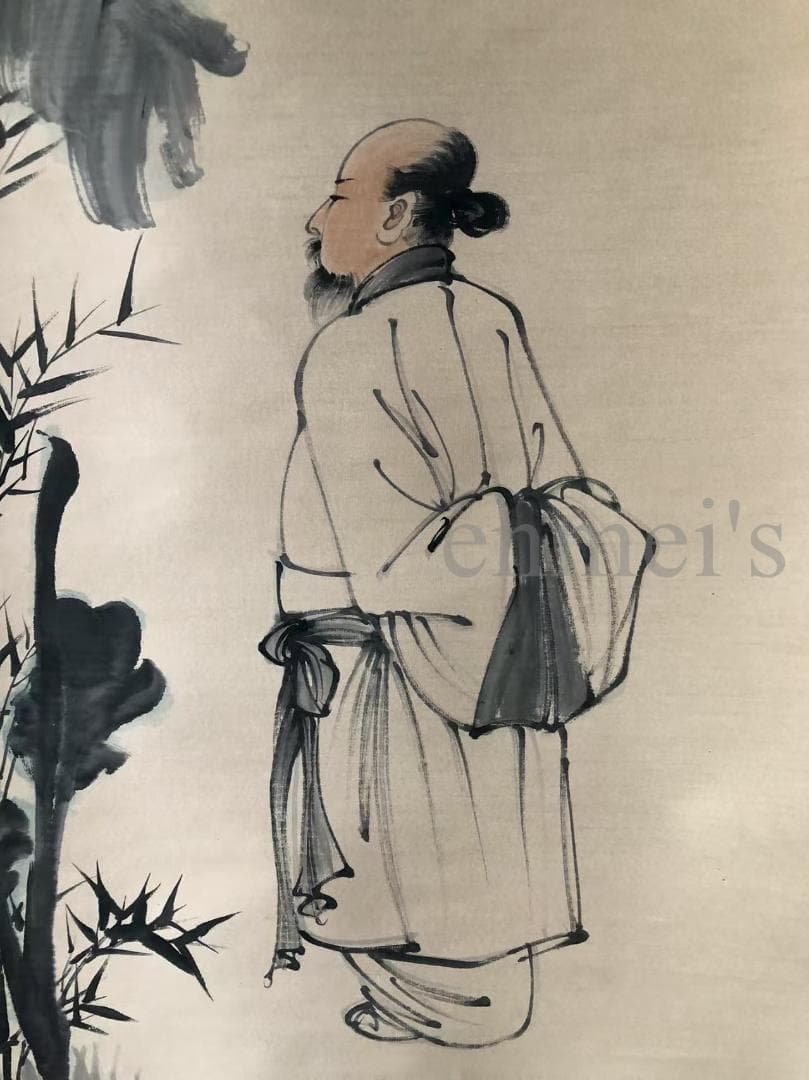 中国古美術・四尺人物と植物掛軸・水墨画・張大千印款・書道品・賞物・肉筆・文房置物