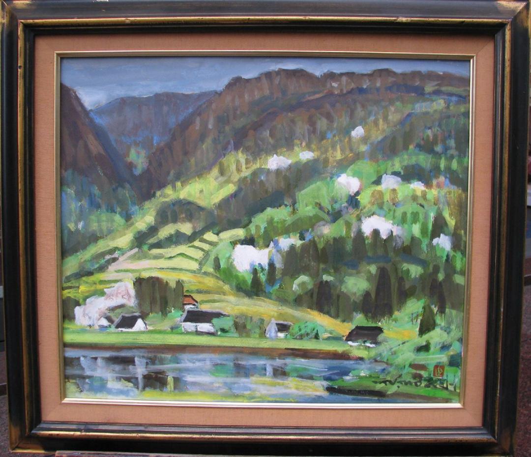 白日運営委員,勲五等瑞宝章,茂木直喜「木崎湖　安曇野」F10号,紙に水彩,傑作