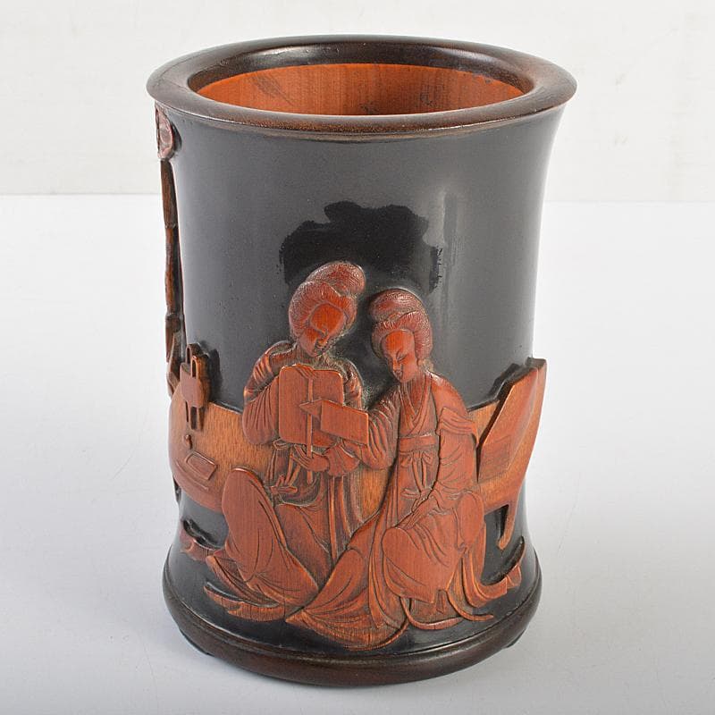 中国　古竹彫刻　黒漆　漢詩人物文　筆筒　時代箱付　G　R7384