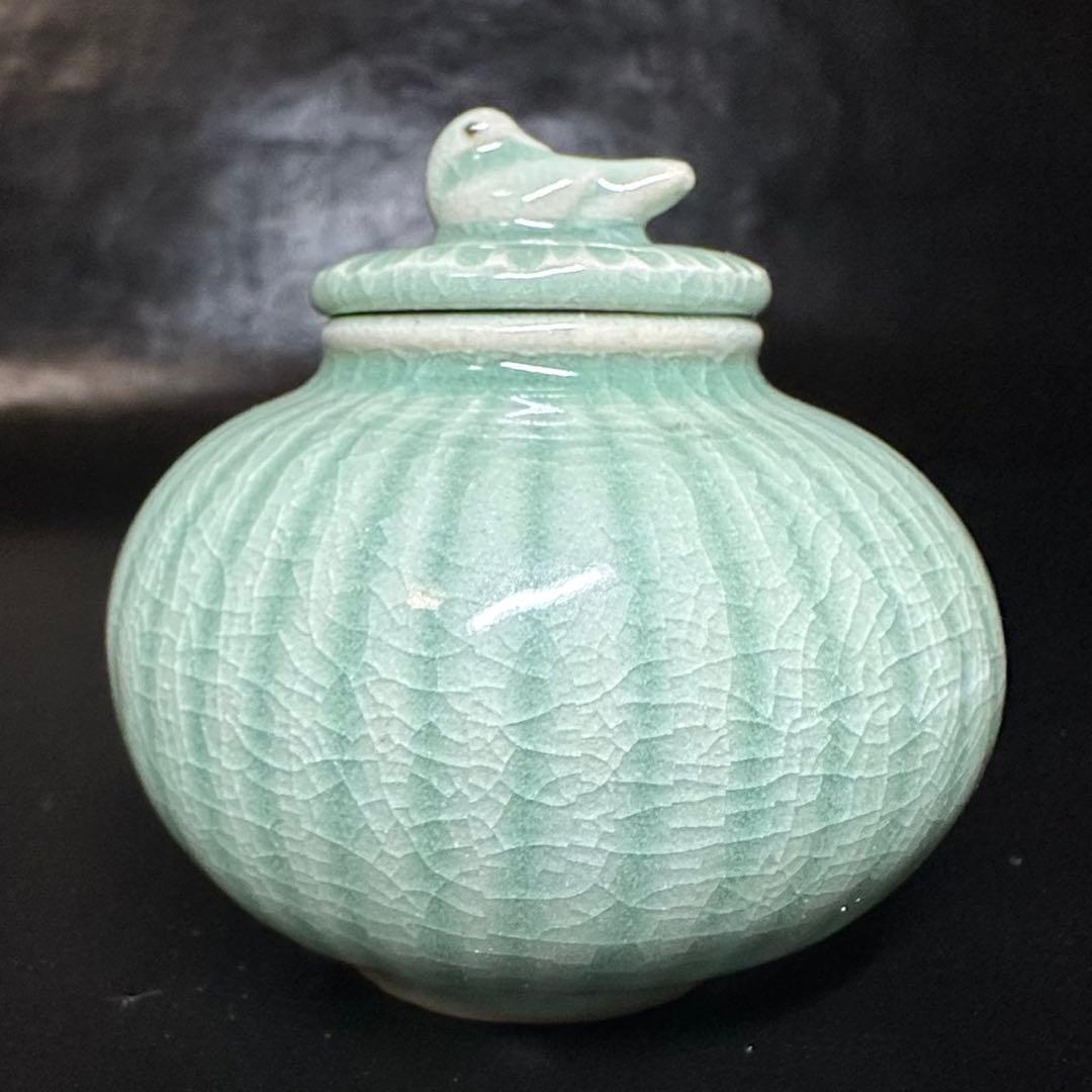 ★茶道具！高麗青磁 茶入(替蓋付)！韓国人間国宝『申 相浩』造！共箱/仕覆付！★