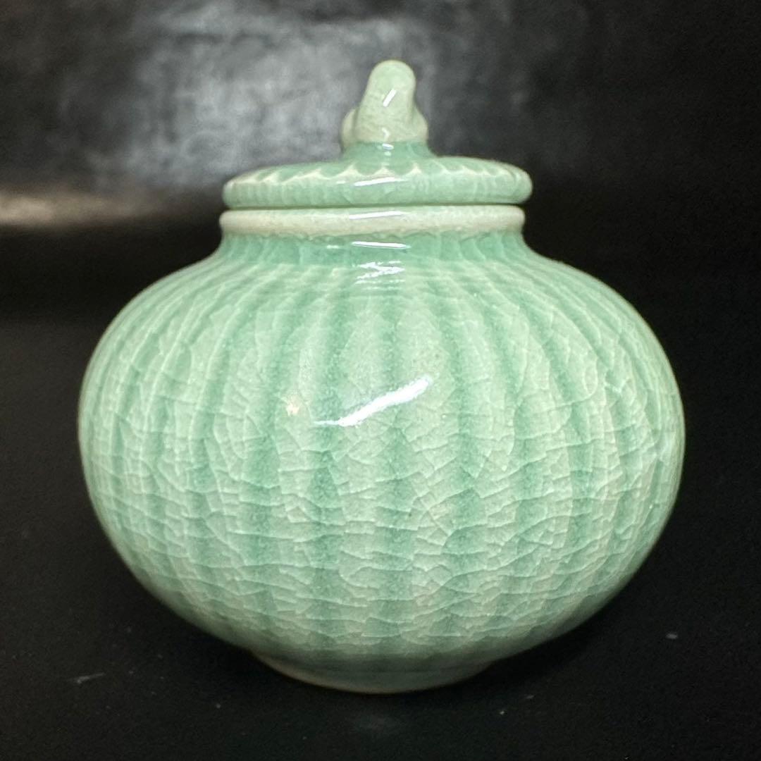 ★茶道具！高麗青磁 茶入(替蓋付)！韓国人間国宝『申 相浩』造！共箱/仕覆付！★