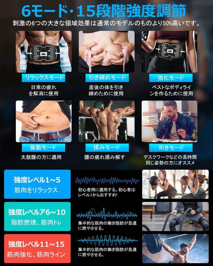 EMS 腹筋 ベルト 筋トレ 男女兼用 腹筋 パッド 簡単 水洗い ブラック