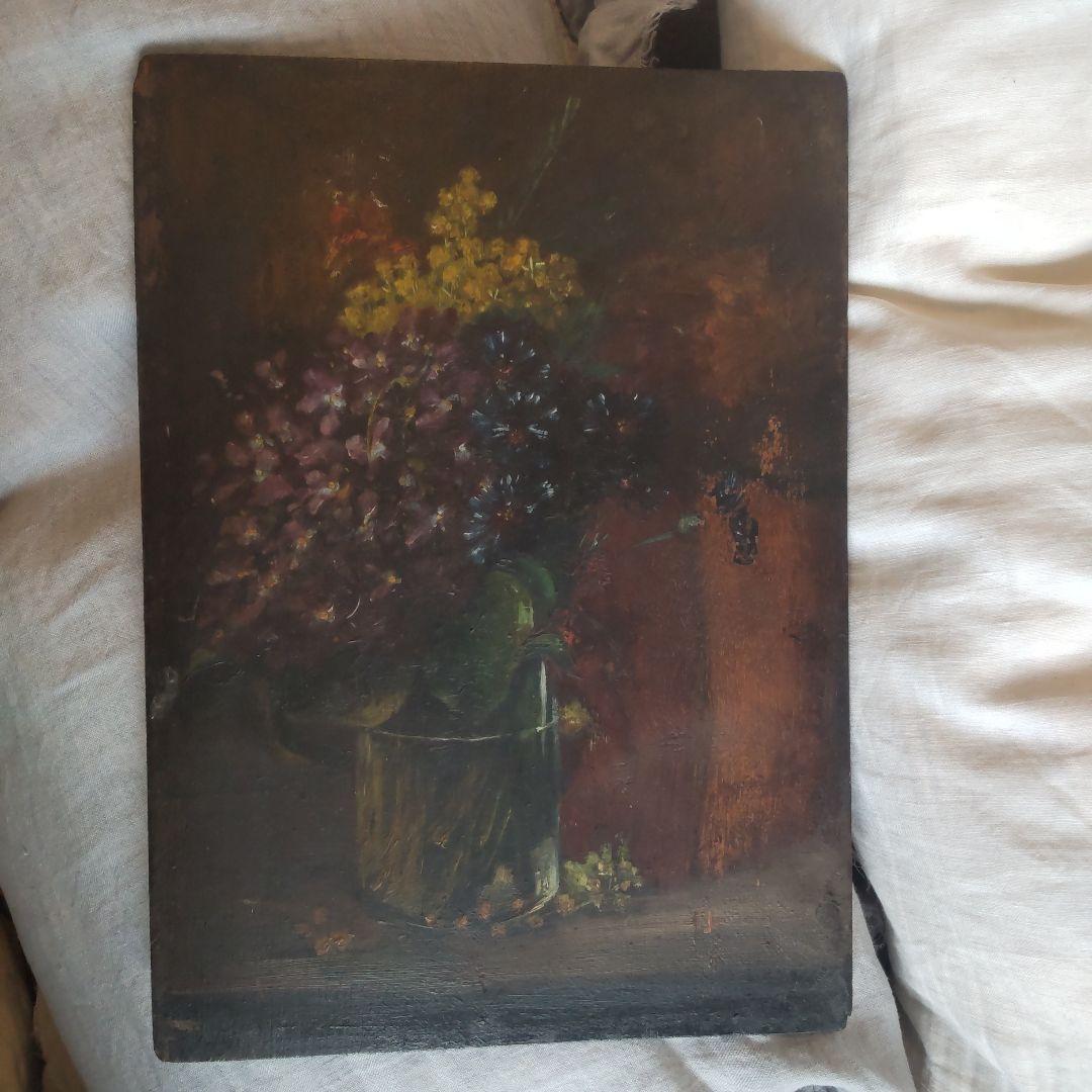 フランス　アンティーク　油絵　ミモザ　スミレ　絵画