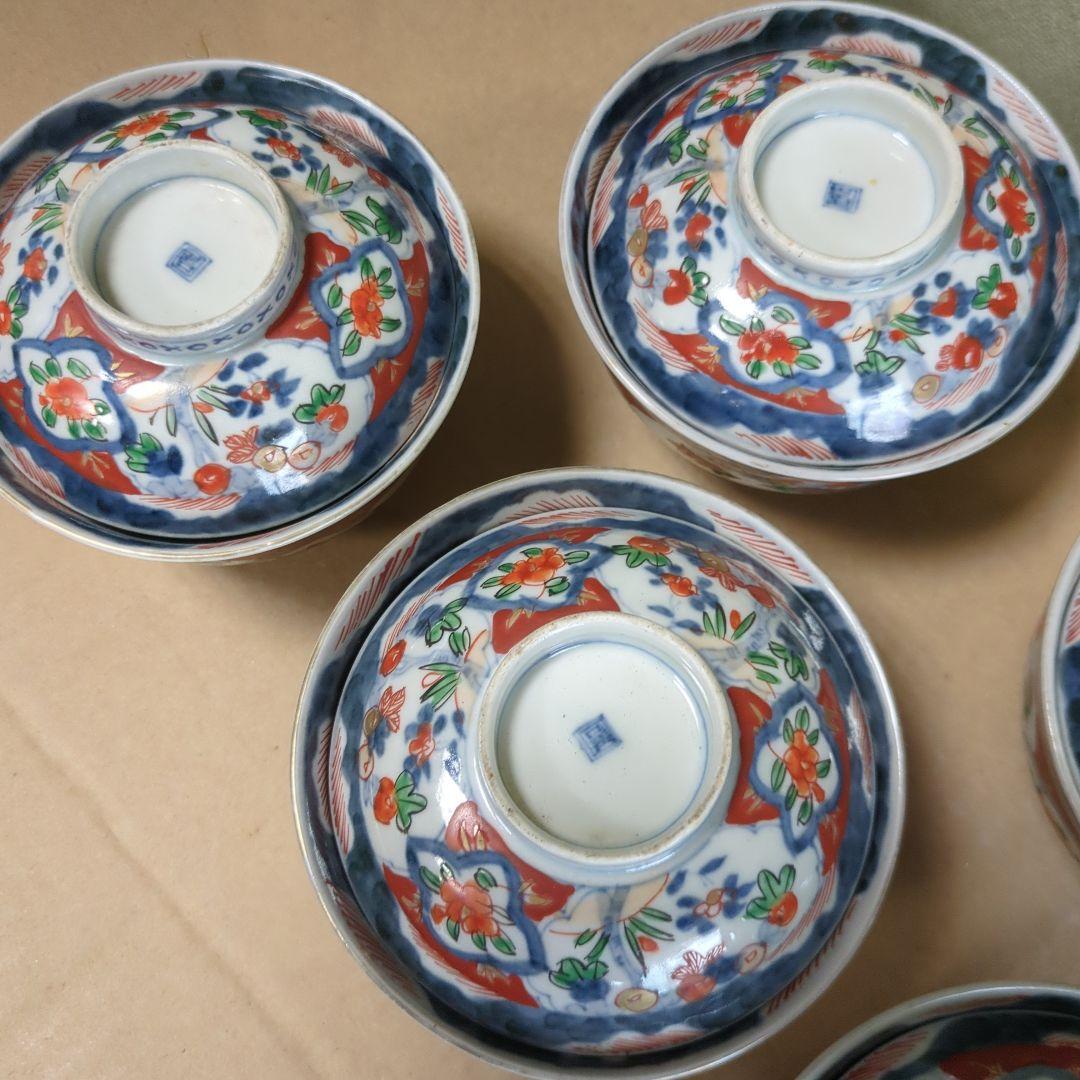 骨董 伊万里 古伊万里 蓋茶碗 色絵 煮物碗 飯碗 　アンティーク　5つ