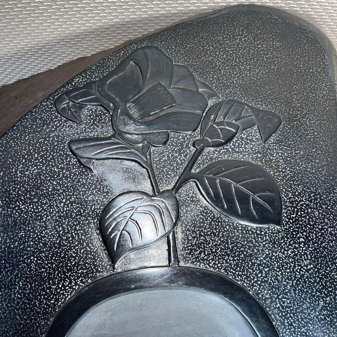 ⭕️雄勝硯　希少　超大型天然硯　伝統工芸士　杉山唐龍斎　椿花葉彫刻　35cm超