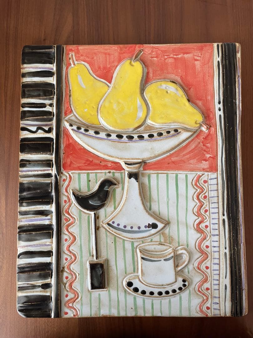 陶板 特大 ラ・フランス 果実 小鳥 ピアノ 紅茶 フランスParis 北欧