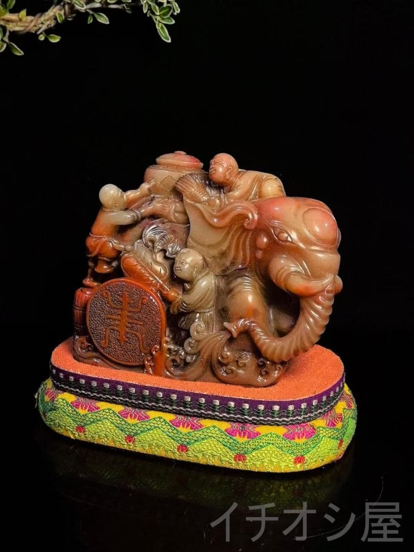 【鴻運当頭・童子送宝】印章・寿山石の置物・钝丁作款｜文房具｜印材｜細密彫｜案頭