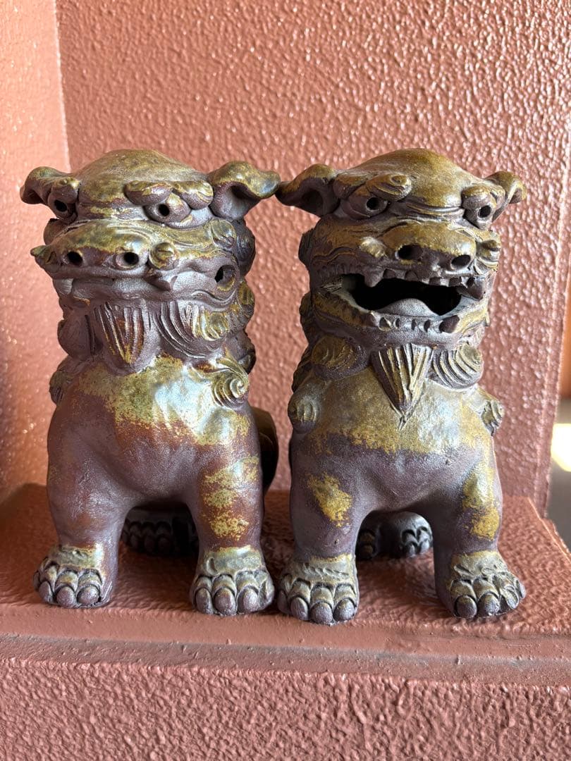 沖縄シーサー 陶器 置物 ペア ヴィンテージ 魔除け 縁起物