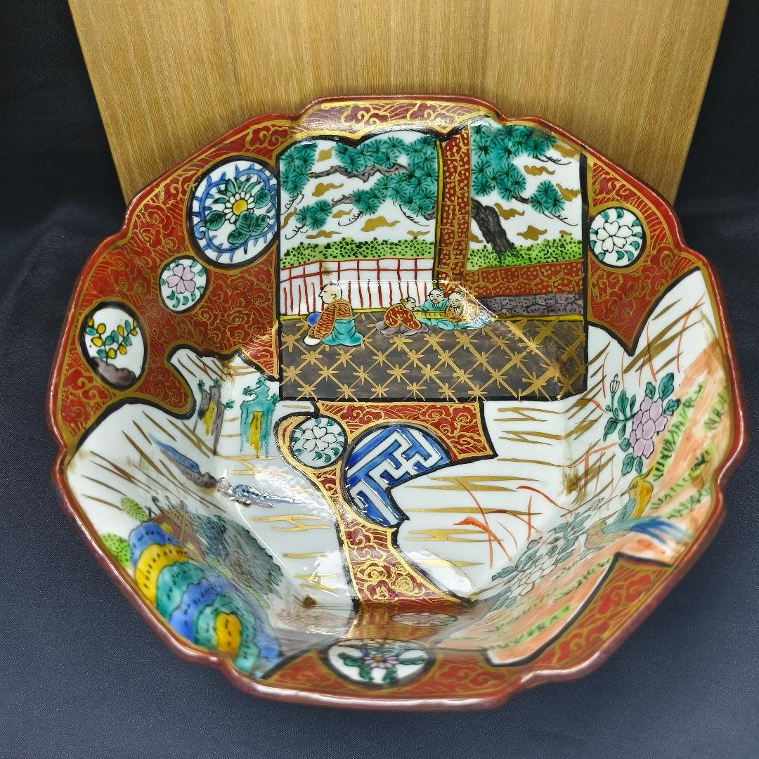 古九谷焼 八角鉢 庄三作 手描き 山水人物文 桐箱 旧家蔵出 コレクター放出美品