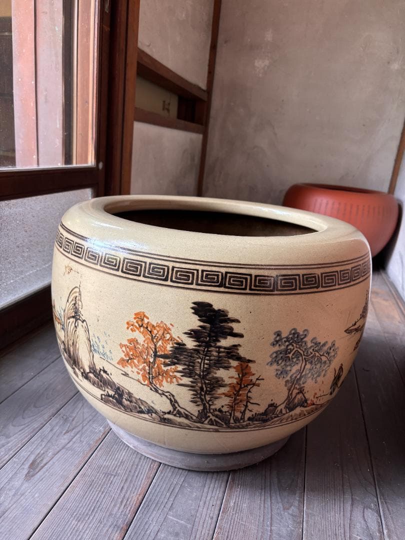 風景画装飾 陶器製火鉢