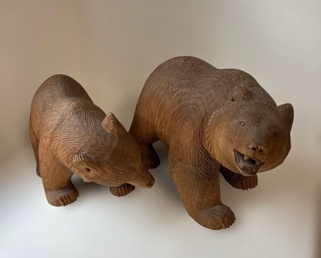 【希少品・2体セット】木彫　熊　座熊　台座付き　加藤貞夫　八雲