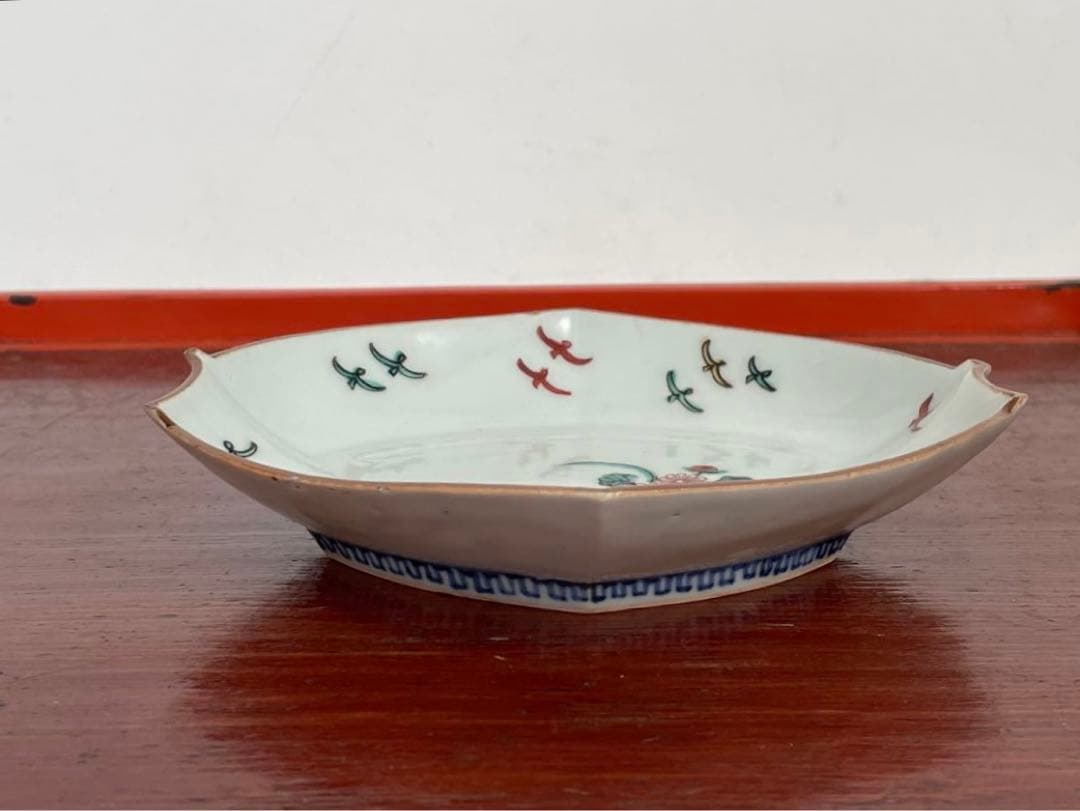 骨董　アンティーク　色絵古九谷　菊図　変形皿　小皿　重陽節句　古九谷　初期伊万里