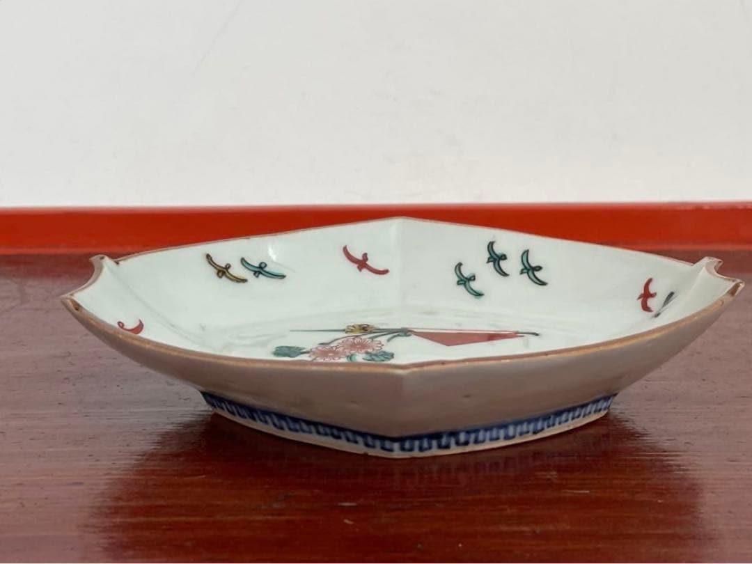 骨董　アンティーク　色絵古九谷　菊図　変形皿　小皿　重陽節句　古九谷　初期伊万里