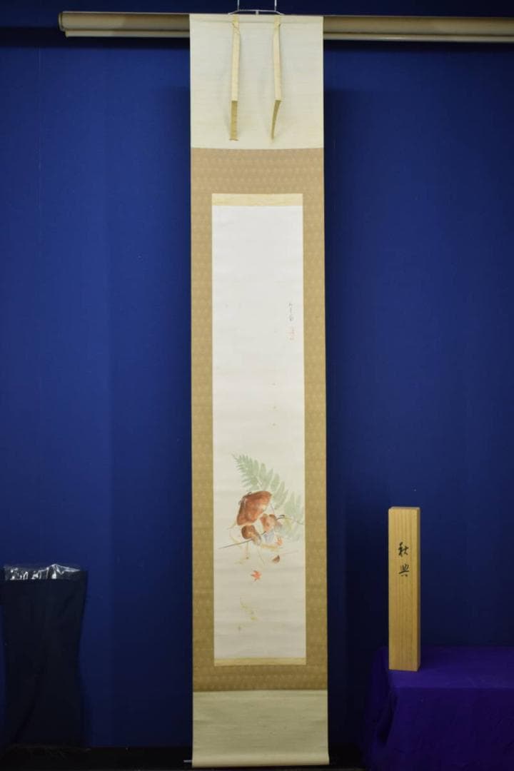 真作/山本紅雲/秋興/椎茸図/桐共箱付/布袋屋掛軸HI-187