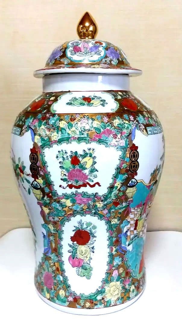 蓋付 飾り壺 宮廷人物図 花鳥図 陶器