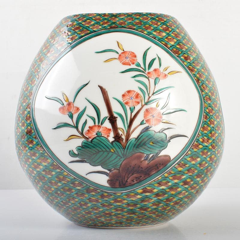 九谷焼　三代三ツ井為吉作　色絵草花文　飾壷　共布共箱　V　R6833B