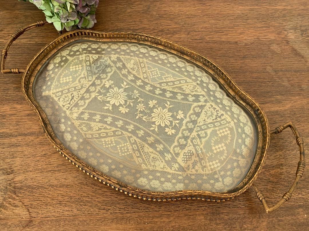 訳あり　フランスアンティーク　トレー　レース　ブロカント