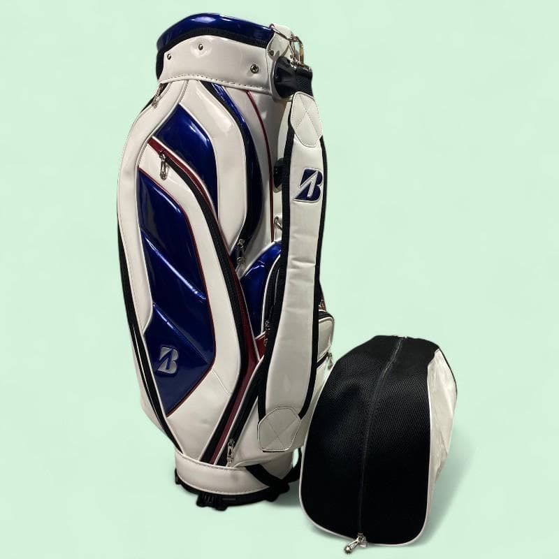 ブリヂストン ゴルフ エナメル キャディバッグ ホワイト ブルー 9型 5分割