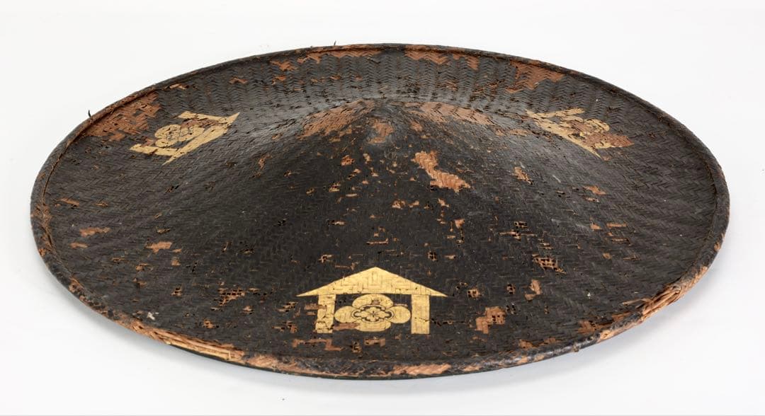 江戸期 竹編黒漆 陣笠 家紋入 侍具 時代武具 甲冑装具 漆塗 古民具 古美術品