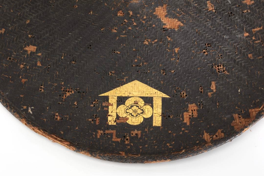江戸期 竹編黒漆 陣笠 家紋入 侍具 時代武具 甲冑装具 漆塗 古民具 古美術品