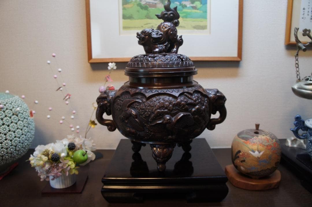 ★美品 高岡銅器 瑞峰作 新特大花鳥 高級銅製香炉 工芸作家造送料込み